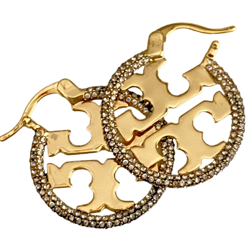 NEW Tory Burch GOLD PAVE Miller Hoop Earrings $305